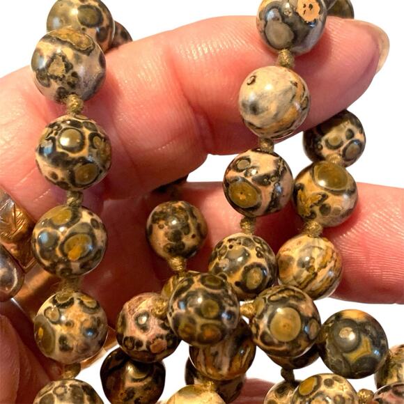 Vintage Leopard Skin Jasper Necklace Hand Knotted Natural Stone Beads ~30" - Picture 2 of 9